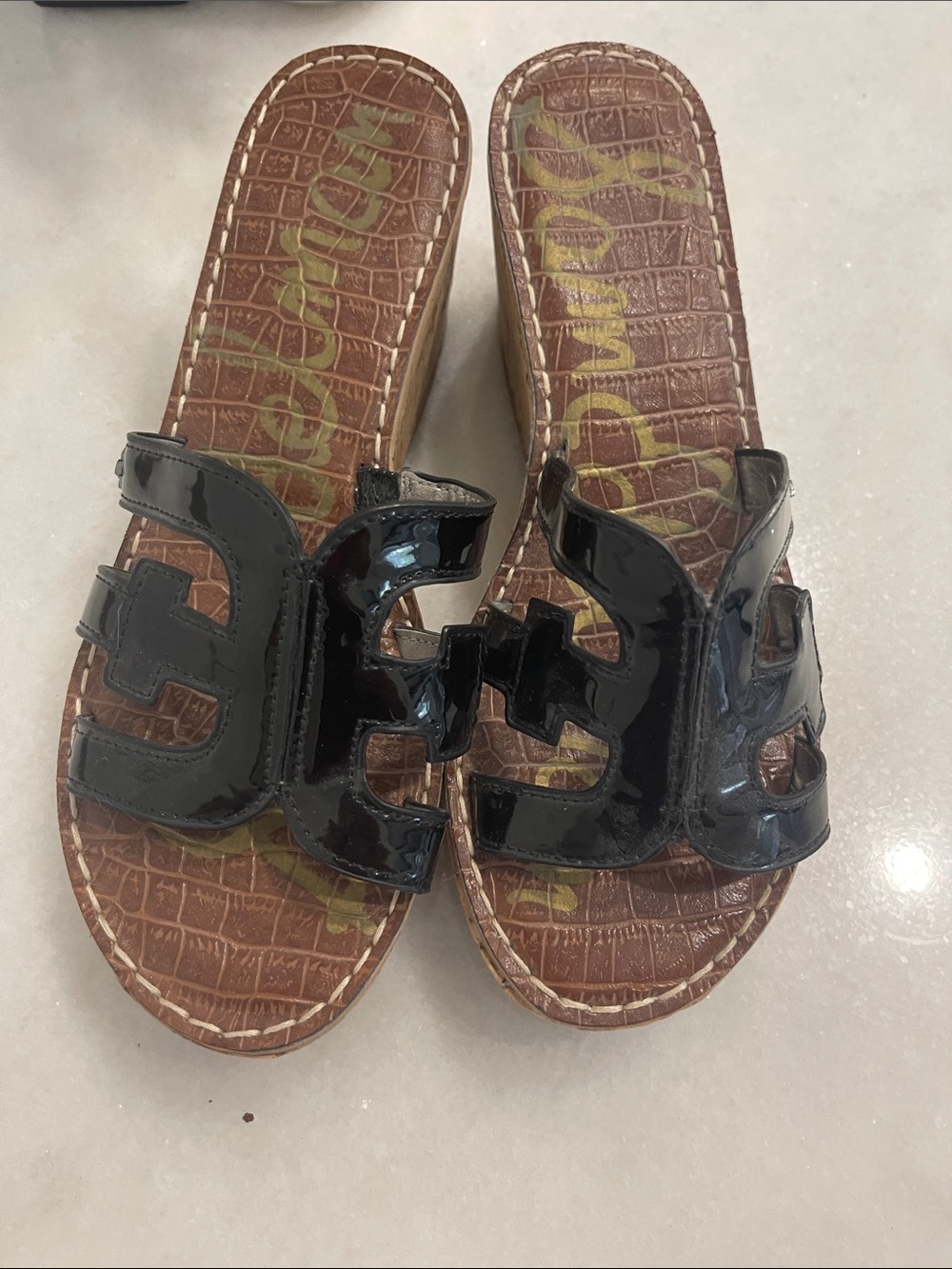 Sam Edelman Black Patent Slide Sandals Wedge Cork  for Women